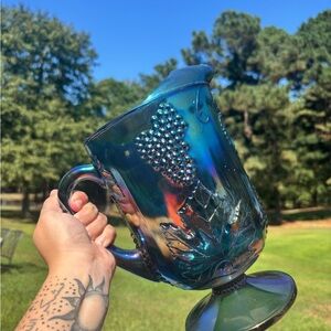 Vintage Indiana Glass Carnival Blue Iridescent Pitcher Harvest Grape